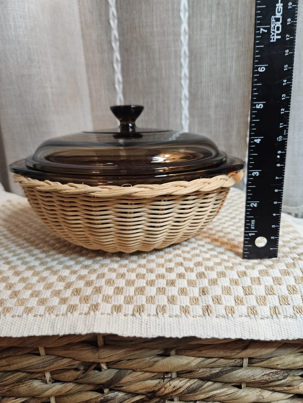 Vintage Pyrex Brown Amber Glass Casserole Dish with Lid And Wicker Basket